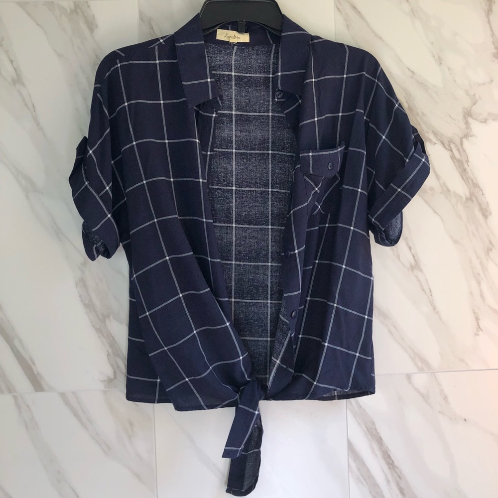 Plaid Navy Blue Short Sleeve Button Up with Ties